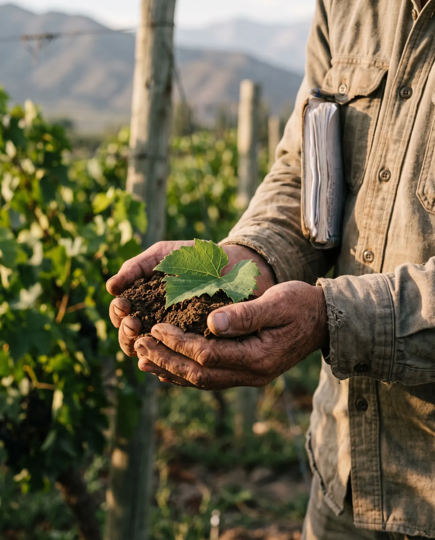 Agrónomo sosteniendo suelo y una hoja en una hilera de viñedo