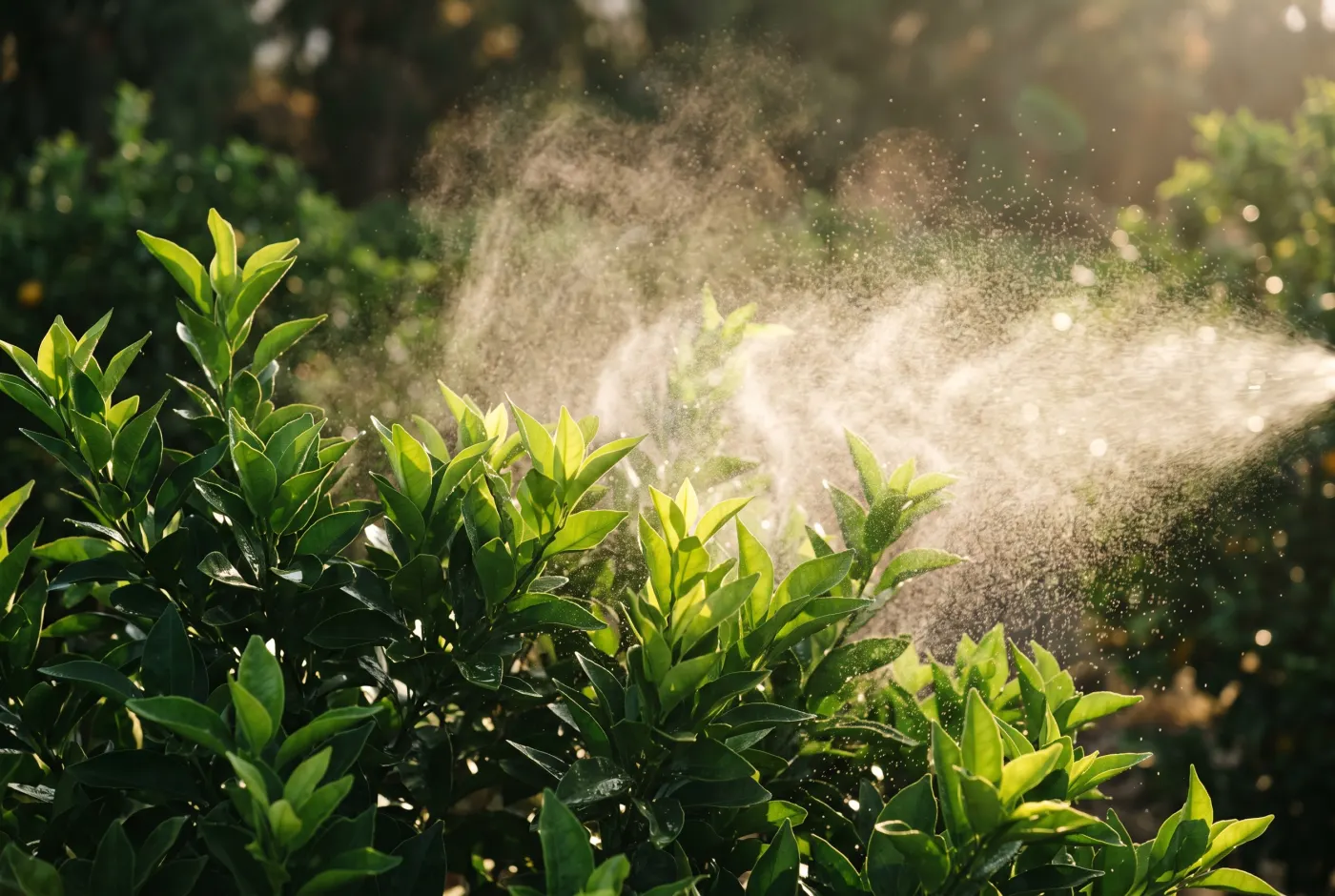 Aplicación foliar en niebla fina sobre hojas de cítrico