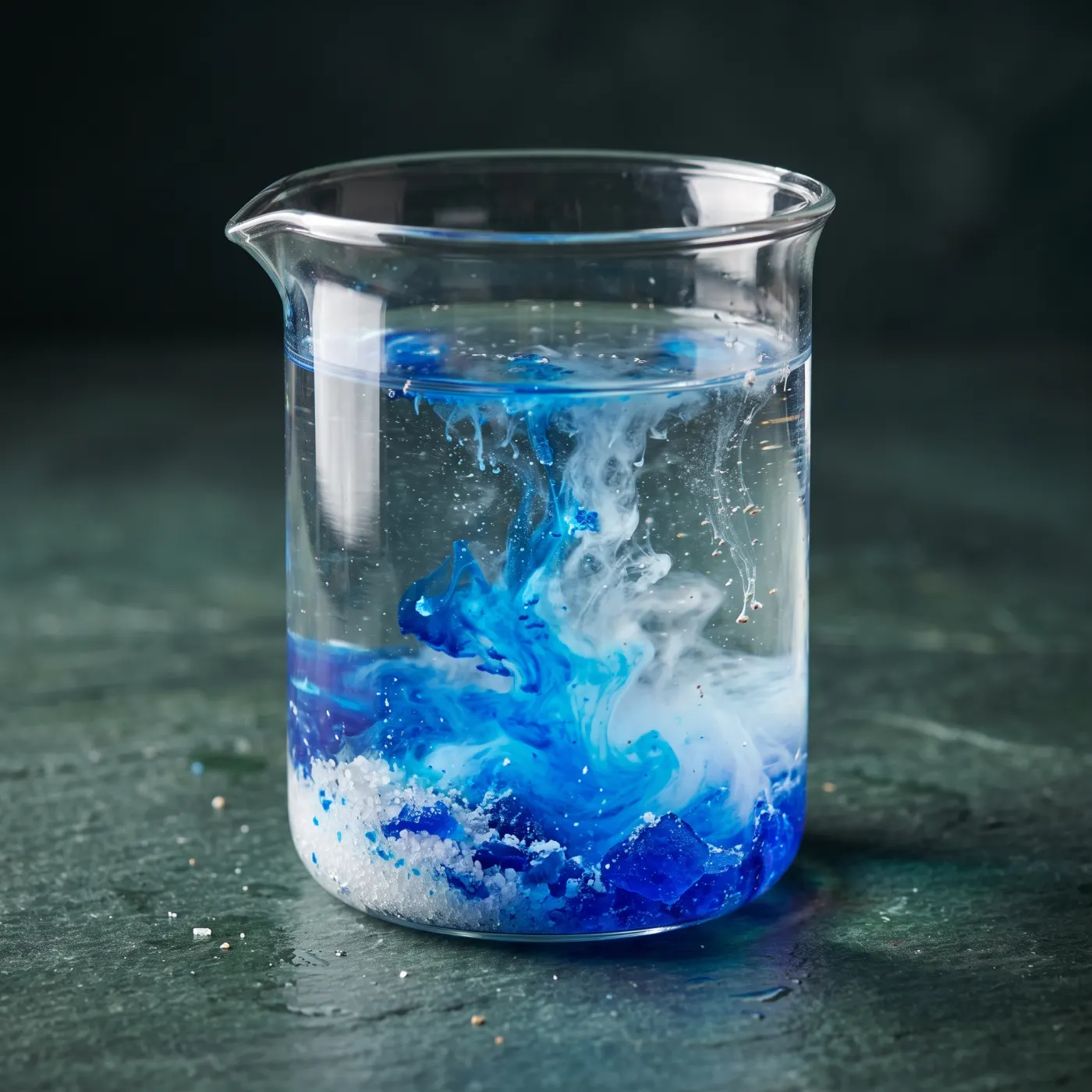 Sales solubles disolviéndose en un vaso de laboratorio