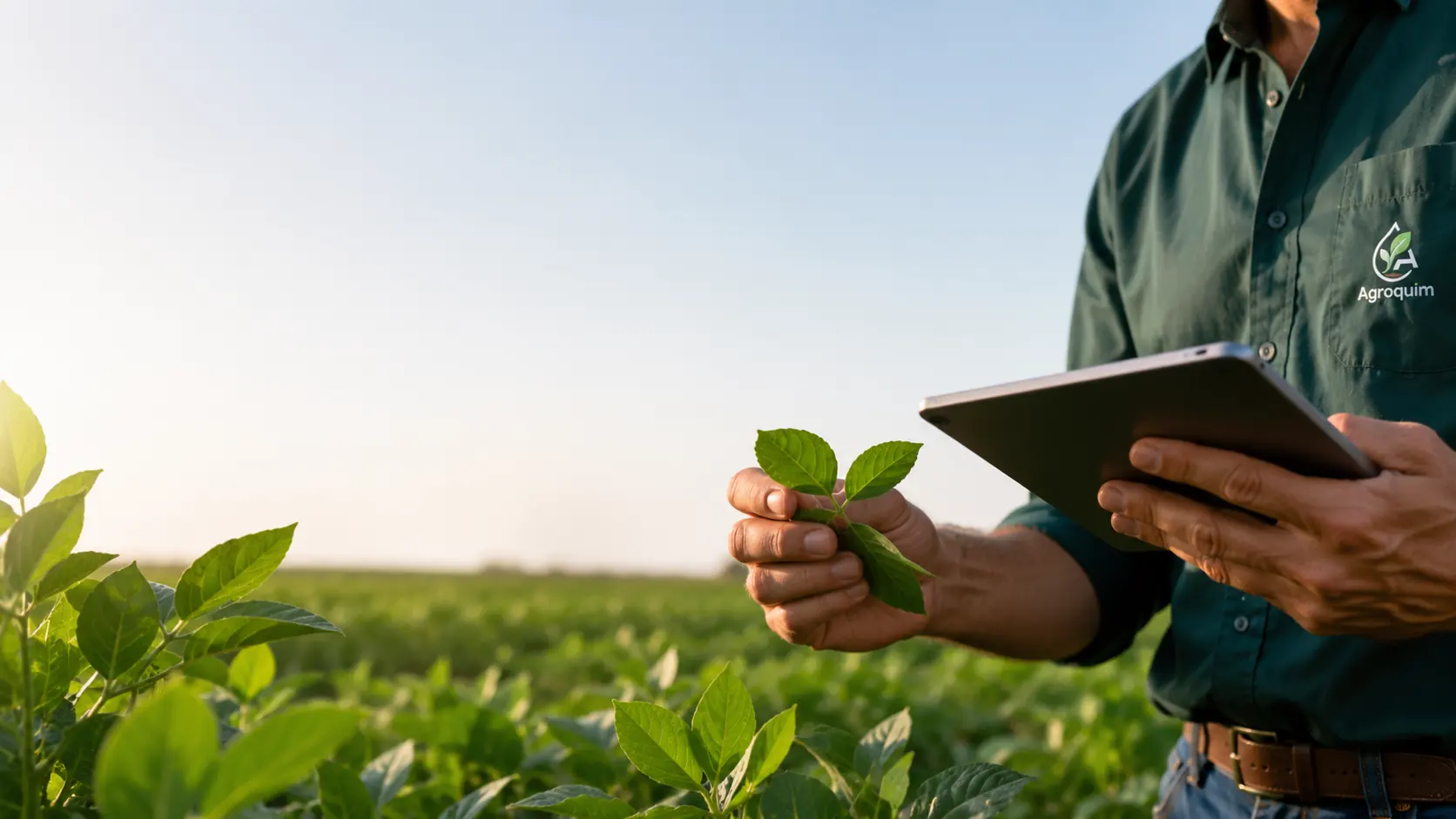 Agrónomo de Agroquim revisando una hoja en terreno con una tableta